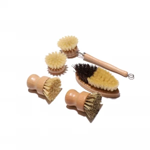 2020 Eco Friendly   Kitchen  Scrub Brushes Bamboo Round Mini Pot Brush Wooden Dish Brush For Vegetable Cleaning