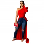 2020 Fashion Glitter One Shoulder Women Summer Puff Sleeve Lace Blouse Ladies' Blouse&Top