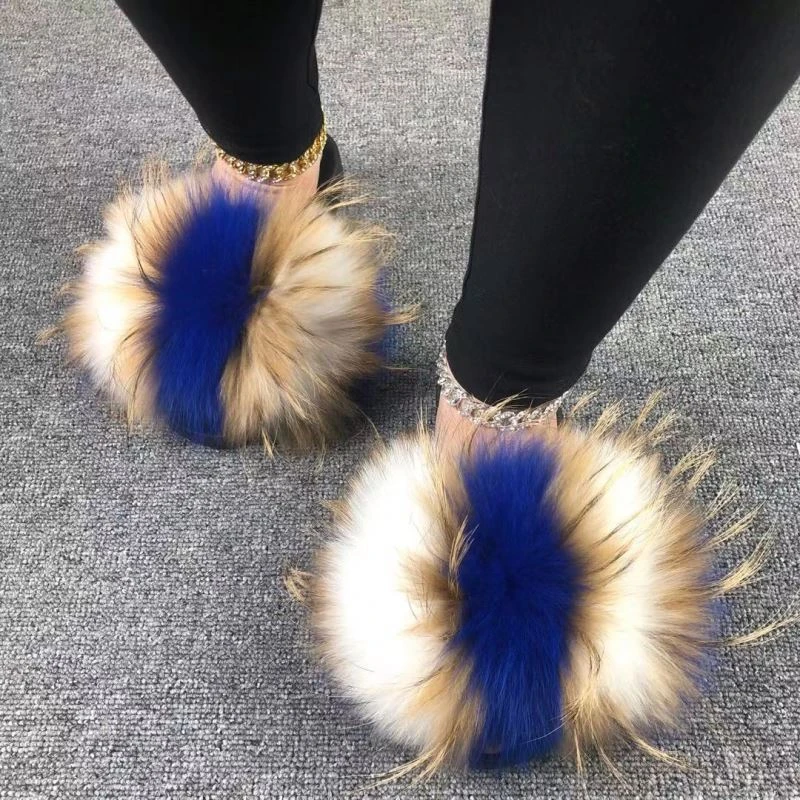 2021 new design Wholesale real fur slide fox fur slippers for women