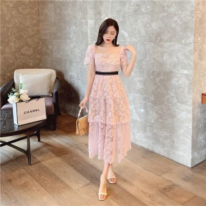 2021 spring and summer Australia new products nude pink rose water soluble lace hollow V short-sleeved dress long skirt dress