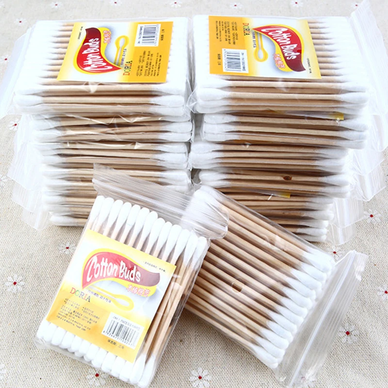 55pcs cheap high quality hot sale wood cotton swab double tip Small Organic Cotton Tipped Swabs