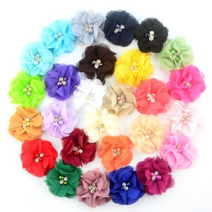5cm Mini Layered Chiffon Fabric Flowers With Pearl Rhinestone DIY Bow Making Supplies
