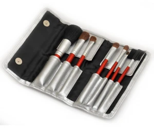 7PCS Travel Makeup Brush Set Red Handle and Silver Pouch