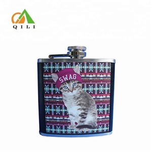 8oz stainless steel leather wrapped heat transfer print hip flask
