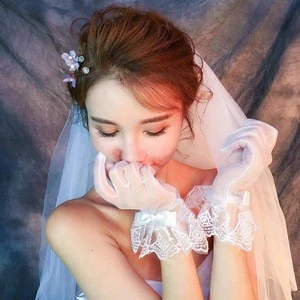Backlakegirls 3300 elegant bow short tulle wedding gloves white lace simple cheap fashion bridal gloves wrist length 2018 hot