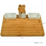 Bamboo Cheese Board Set With 4 Stainless Steel Cheese Tools Sets and 2 Ceramic Sauce Dishes