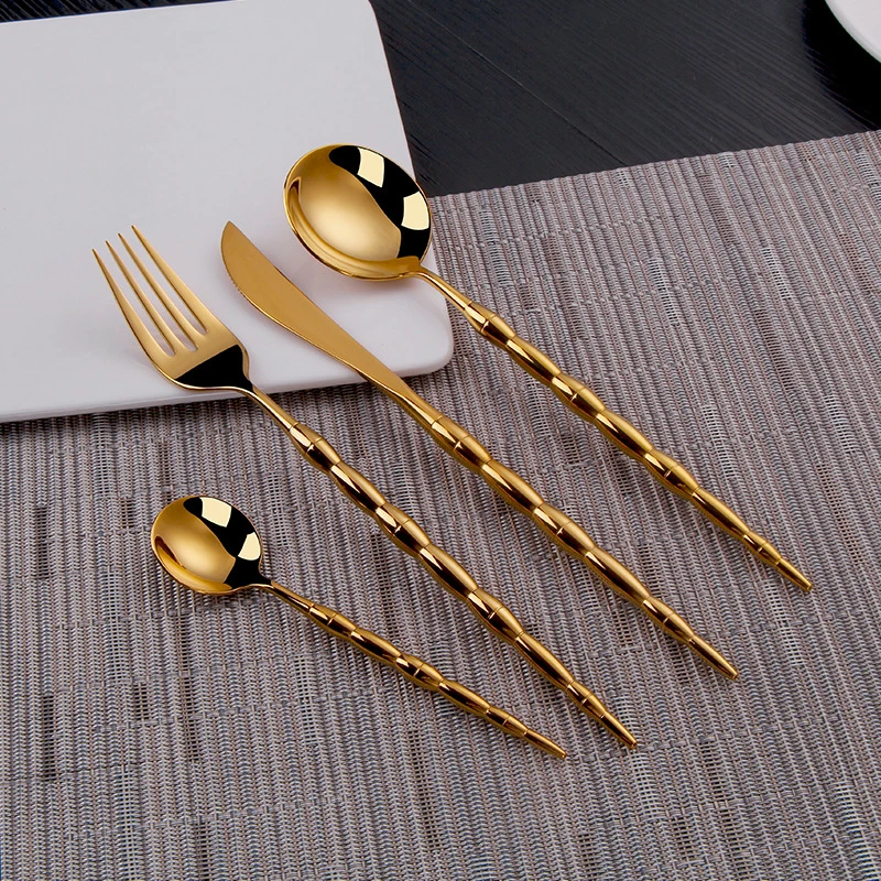 Bamboo Gold 4pcs Tableware Cutlery Set 304 Stainless Steel Dinnerware Flatware Set Forks Knives Spoon