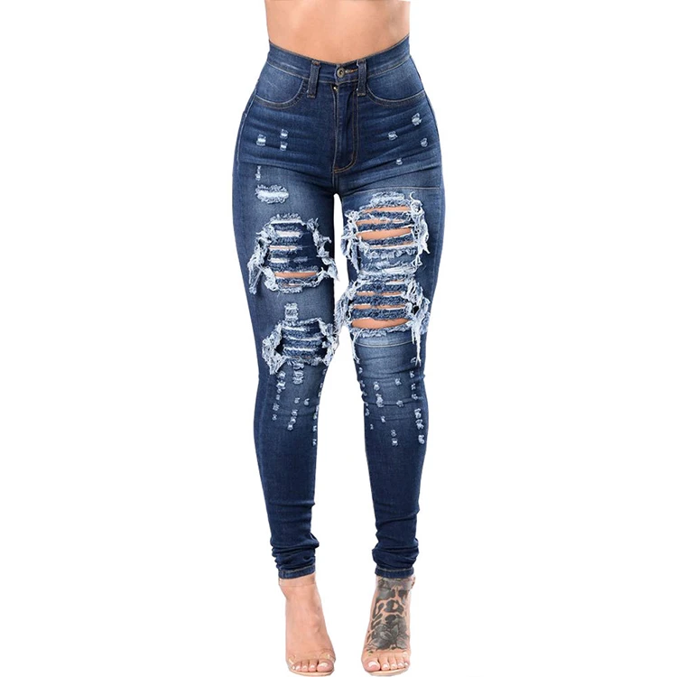 casual women High WaistJeans stretch denim jeans pencil pants Ripped jeans for women