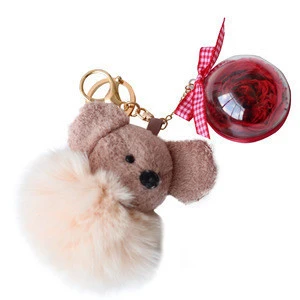 Creative Natural Preserve Flower Rose Keychain with fox fur mouse for Mother&#39;s Day Gift