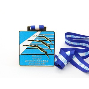 Custom blue medal rectangular diving competition sports medal