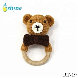 cute knitted wooden ring teether toy baby crochet rattle