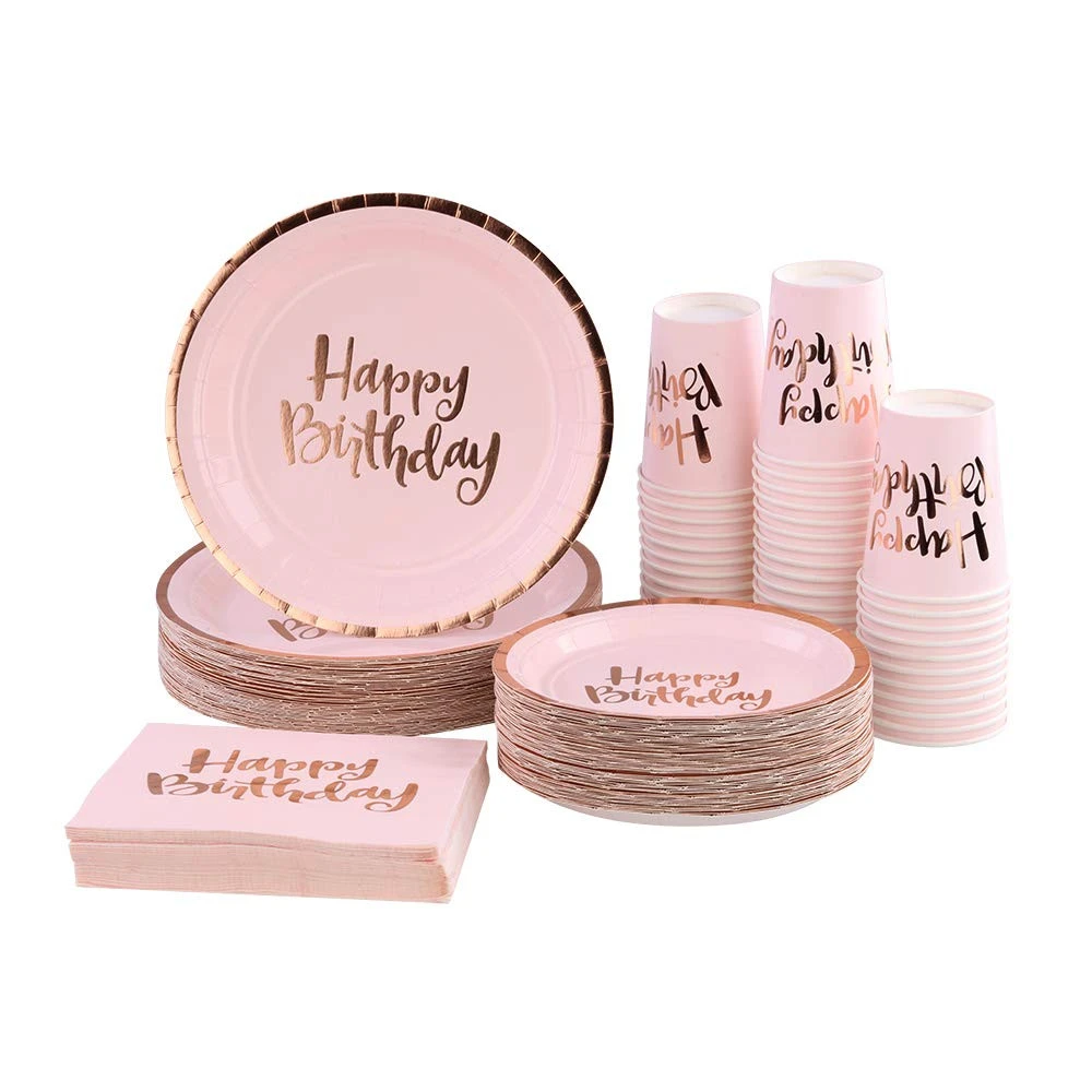 Disposable Custom Rose Gold Foil Stamp Edge Paper Plate Cups Custom Set Print Party Supplie Paper Plate for Birthday