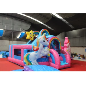 Double 3D Unicorn Inflatable Trampoline With Slide For Rental Colorful Custom Inflatable Bouncer Castle Combo Slide