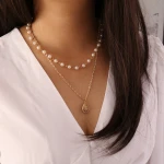 Double Layer Semi-Precious Stones Pendants Necklace Elegant Charm Pearl Layered Necklace For Women