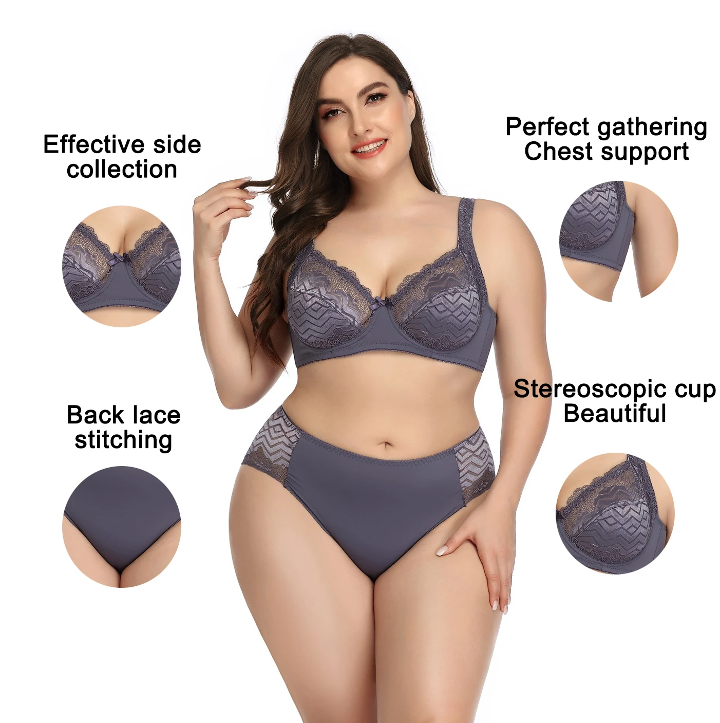 Dropshipping C cup ultra thin big bust ladies underwire supported large boobs sexy lace women plus size panty bra brief sets