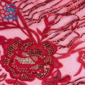 Embroidery Dress Textile Fringe Lace Red Flower Embroidered Sequin Fabric