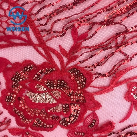 Embroidery Dress Textile Fringe Lace Red Flower Embroidered Sequin Fabric