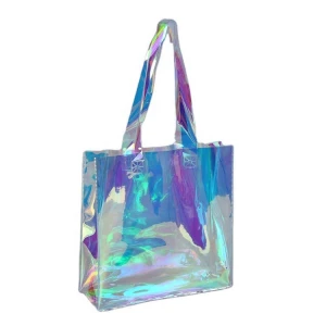 Factory custom fashion handle holographic pvc shopping bags