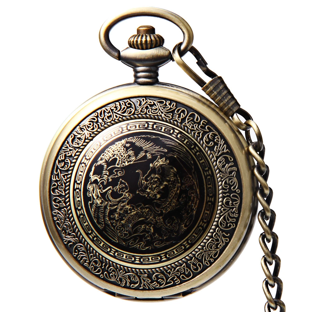Fashion Vintage Retro Bronze Dragon Phoenix Mechanical  Pocket Watch Pendant Chain Necklace