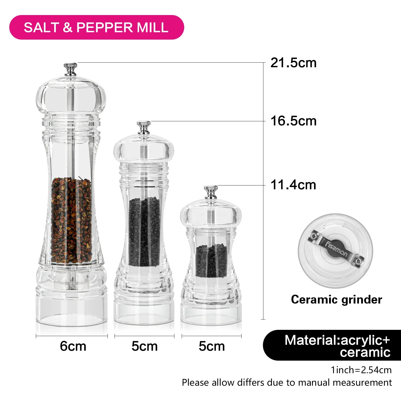Fissman 4 inch acrylic salt and pepper grinders kitchen pepper mill acrylic grinder