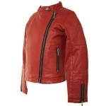 Girl simple stand-collar oblique zipper children red pu Leather Jacket
