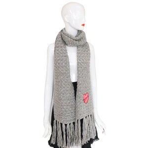 Gray mohair embroidery women winter knitting scarf with tassel