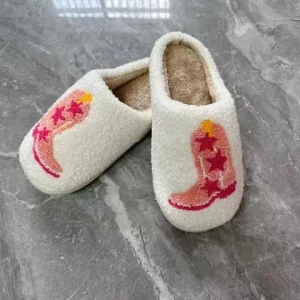 Home winter warm Plush anti slip smiling face boots printed cotton embroidery slide slippers