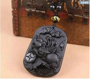 Hot Beautiful Natural Black Obsidian Hand Carved Lucky Coin PiXiu Lucky Amulet Pendant + free Necklace Fashion Fine Jewelry
