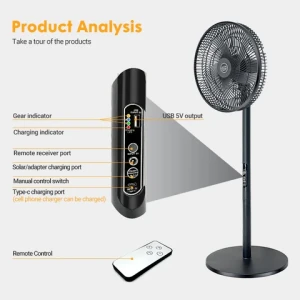 Hot Sale Remote Control Usb Output Ternary Lithium Battery 15000mah Solar Powered Fan 3 Gears 1280 Rpm 25w Stand Fan