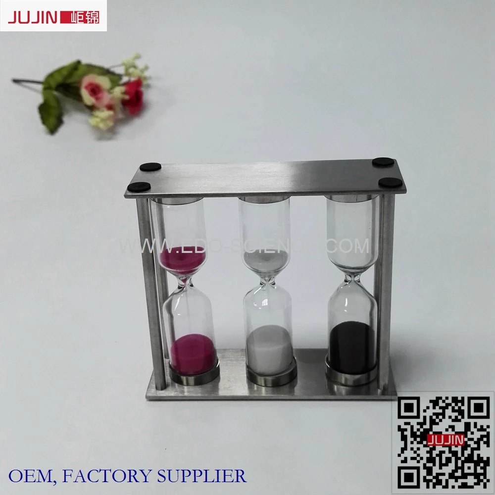 hot sales 3 in 1 metal logo Gift 304 stainless steel frame 3 4 5 minutes Hand Made Borosilicate Glass Sand Timer Hourglass