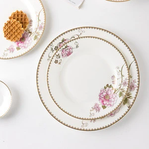 Hotel weeding luxury 50 pieces gold and flower decal Chinese style fine bone china ceramic dinnerware sets for 8 people