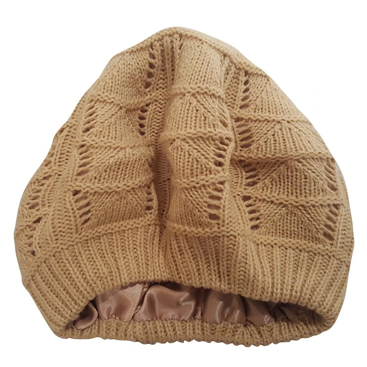 HZM-18011017 custom knitted long designer satin lined beanie hat beret