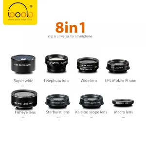 Iboolo brand with universal clip 8 in 1 wide angle fisheye macro telephoto Kaleidoscope Starburst lens kit