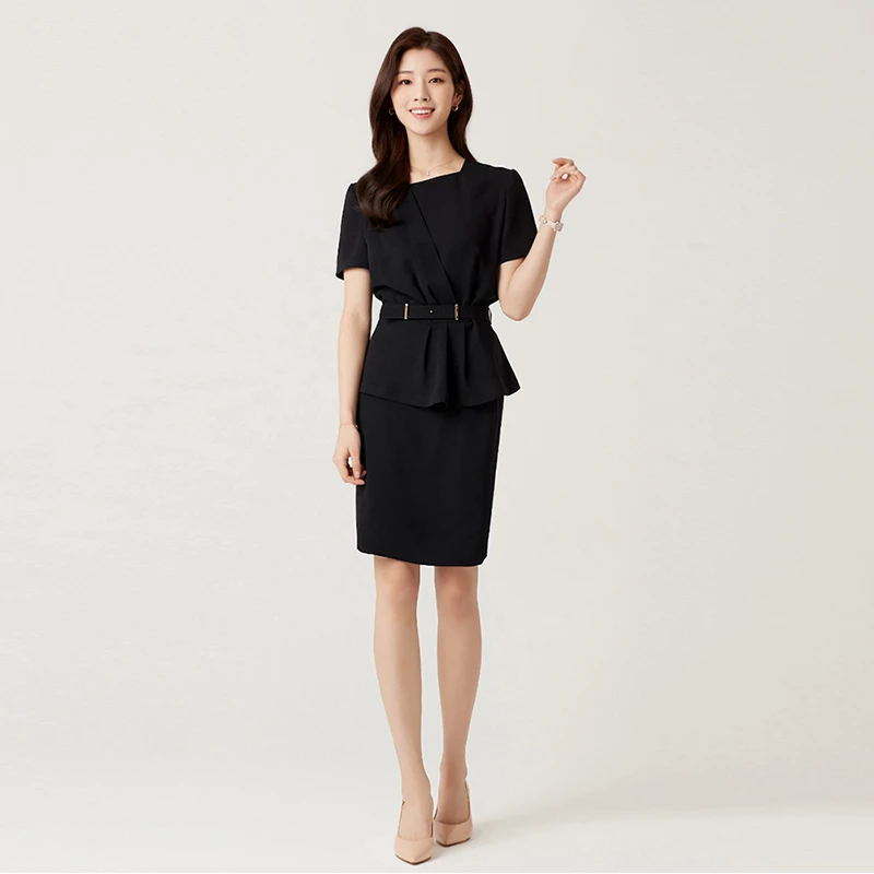 Korean Style Office Ladies Women Uniforms Short Sleeves Black Dress Receptionist Waitress Classic Style