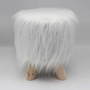 Living room furnitures modern style sofa footstool faux long fur round kids stools ottoman with wooden legs