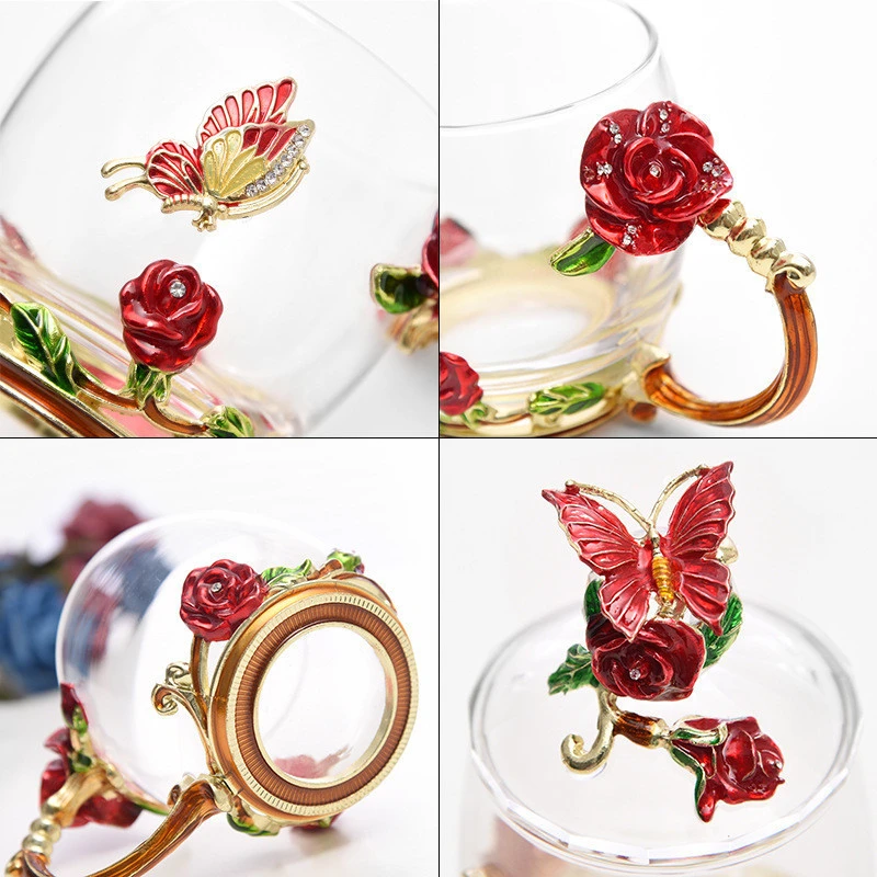 Luxury Enamel Coffee Mug  Rhinestones Decorated butterfly Design Drinking Glass Cups