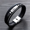 Luxury Jewelry Layered Mens Cuff Stainless Steel Genuine Leather Bracelet