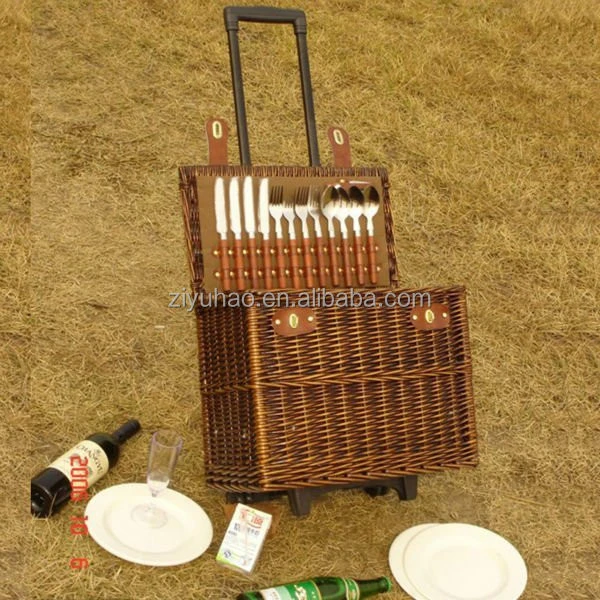 Luxury Wicker Picnic Basket With Wheels For Four Persons