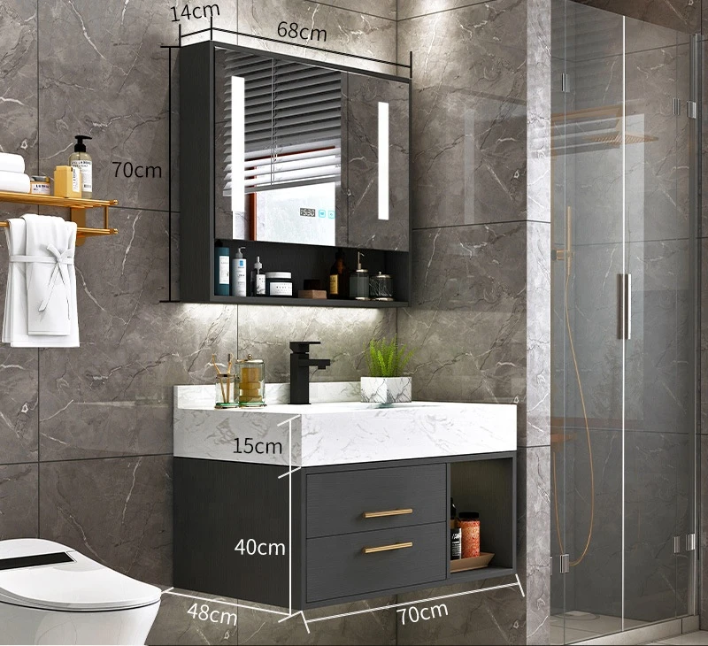 Modern Luxury Wood Bathroom Vanity Vanities Combo Stone Vanity Set Combo Smart LED  Mirror Cabinet Faucet