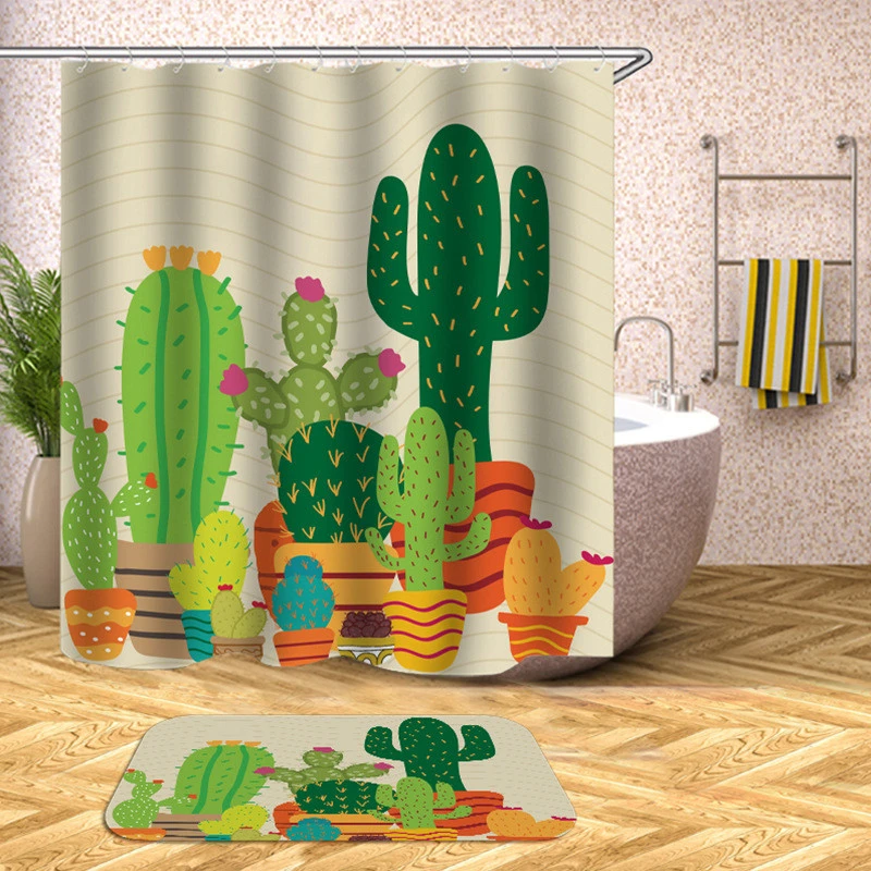New Design Various Size Green Cactus Cute Waterproof Toilet Women Shower Curtain