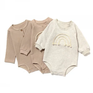OEM Waffle Material Baby Romper New Born Baby Cloth Long sleeves boutique Jumpsuit plain baby romper New Designs