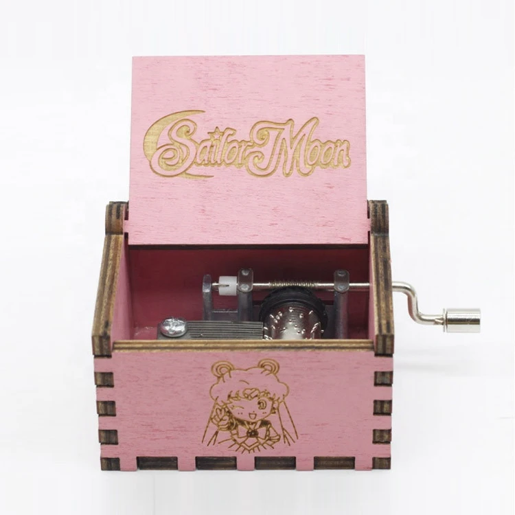 pink wood custom music box hand with sailor moon