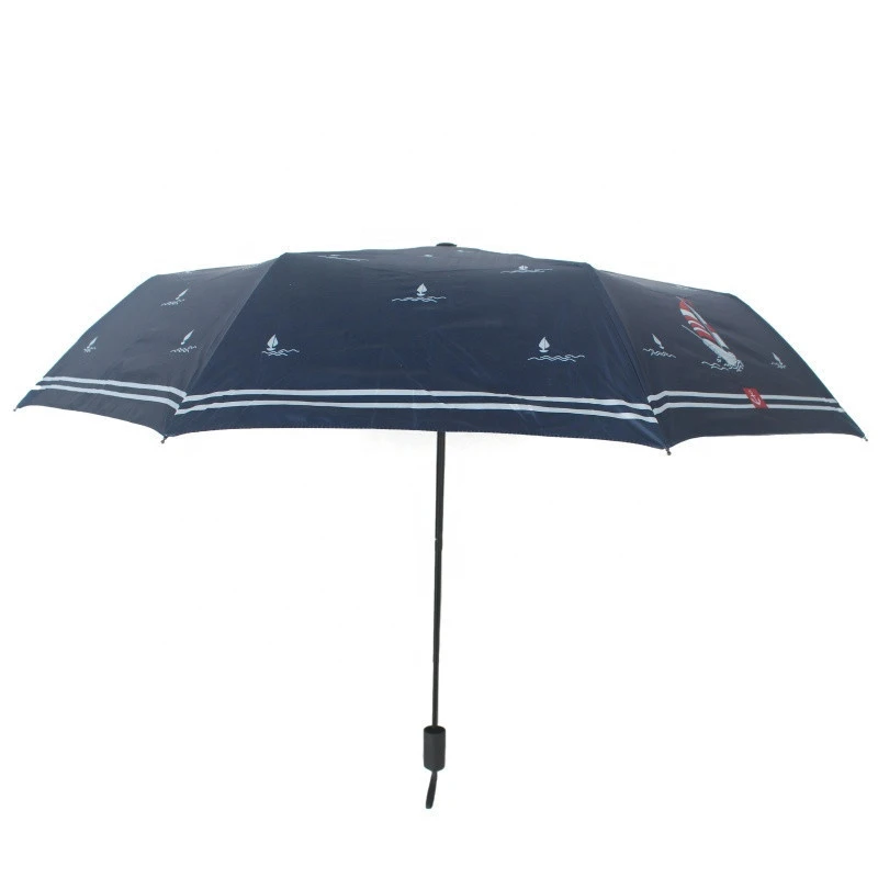 QIFENG 8S-3765 8K 21inch Black Rubber Customized Sailboat  3 folding umbrella with Top-quality  Wind-proof UV protection