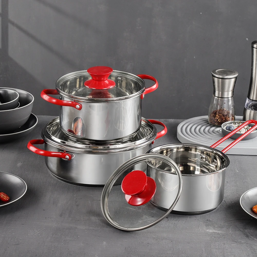 Red handle cookware set wholesale soup deep pot stainless steel cooking pot with glass lid