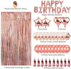 Rose Gold Balloons Banner With Tassels And Ribbons Foil Baby Birthday Balloons Set For All Ages Birthday Party Supplies