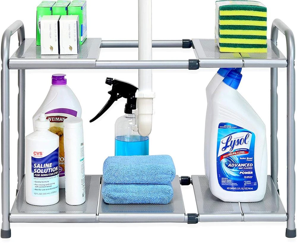 Simple Houseware Under Sink 2 Tier Silver Expandable Shelf Organizer Rack
