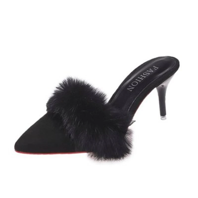 SL-066 Wholesale fashion custom logo new design 2021 black leather women fluffy slippers ladies charm fur high heels slippers