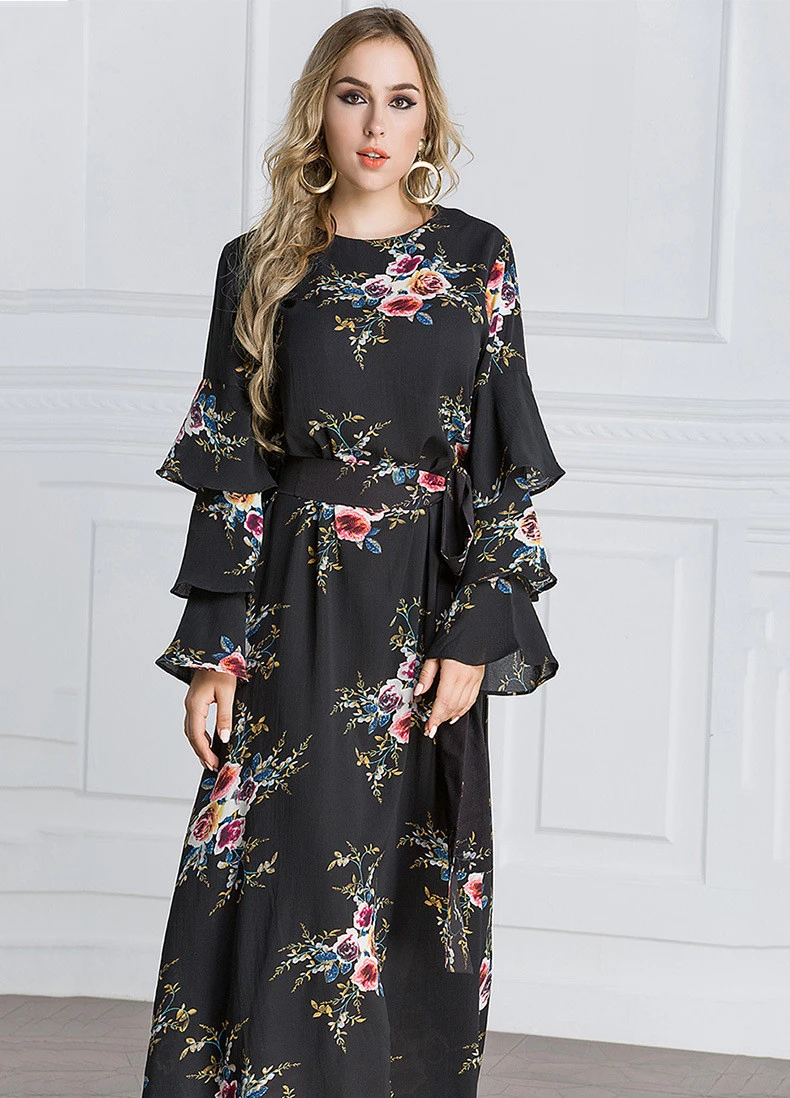 Slanna latest design muslim casual dubai islamic clothing A line belted ruffle hem abaya kaftan floral printed maxi dress