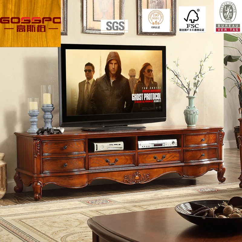 Solid Wood TV Cabinet Royal Living Room Furniture Teak Wood TV Stand