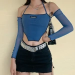 spring autumn new casual womens corset crop top long-sleeved halter neckline neck  halter slimt-shirt women